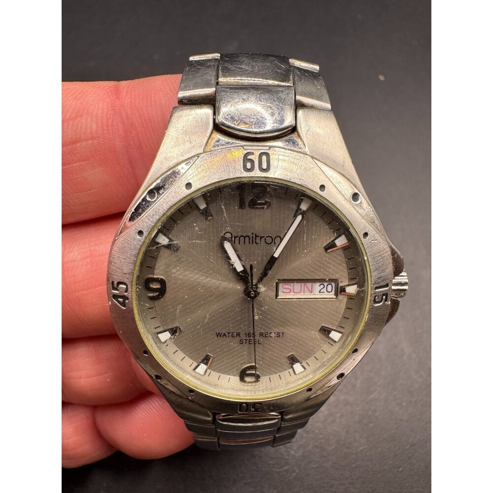 Armitron Day-Date Round Watch Stainless Steel 20/4157 Water Resistant 165ft